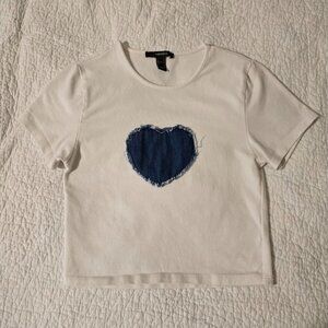 Forever 21 Denim Heart Patch Baby Tee Size Small Soft Girl